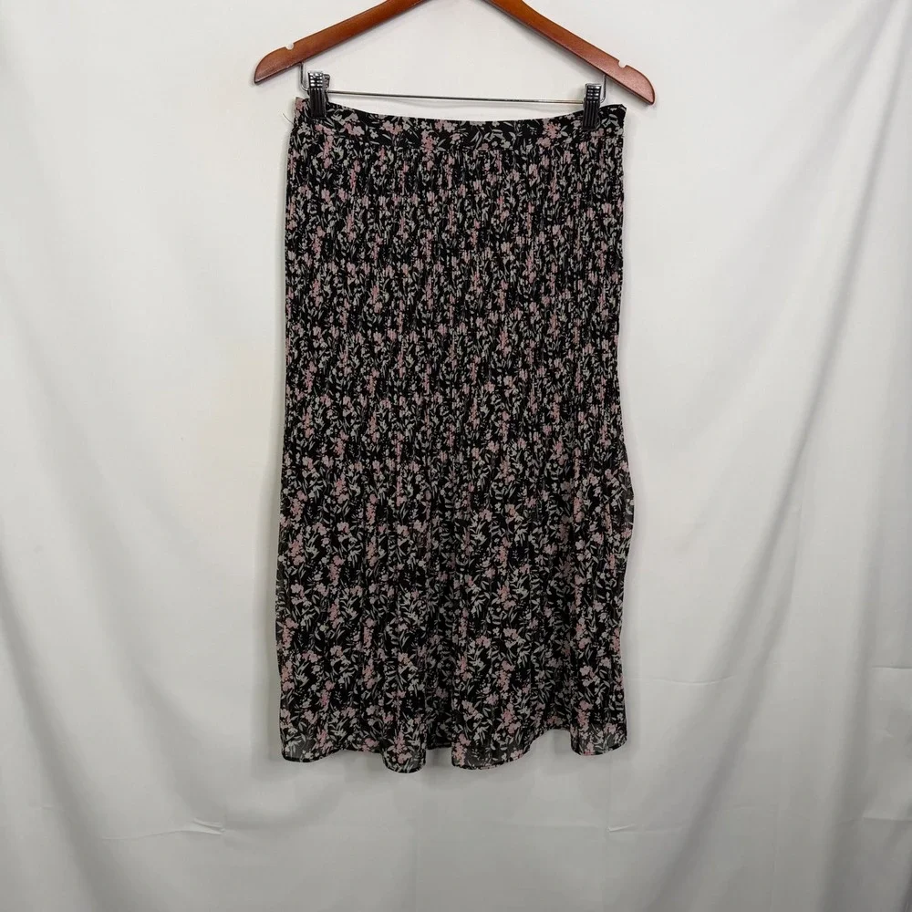 Skies Are Blue Floral Smocked Midi Skirt Black Pink Pleated MP NEW